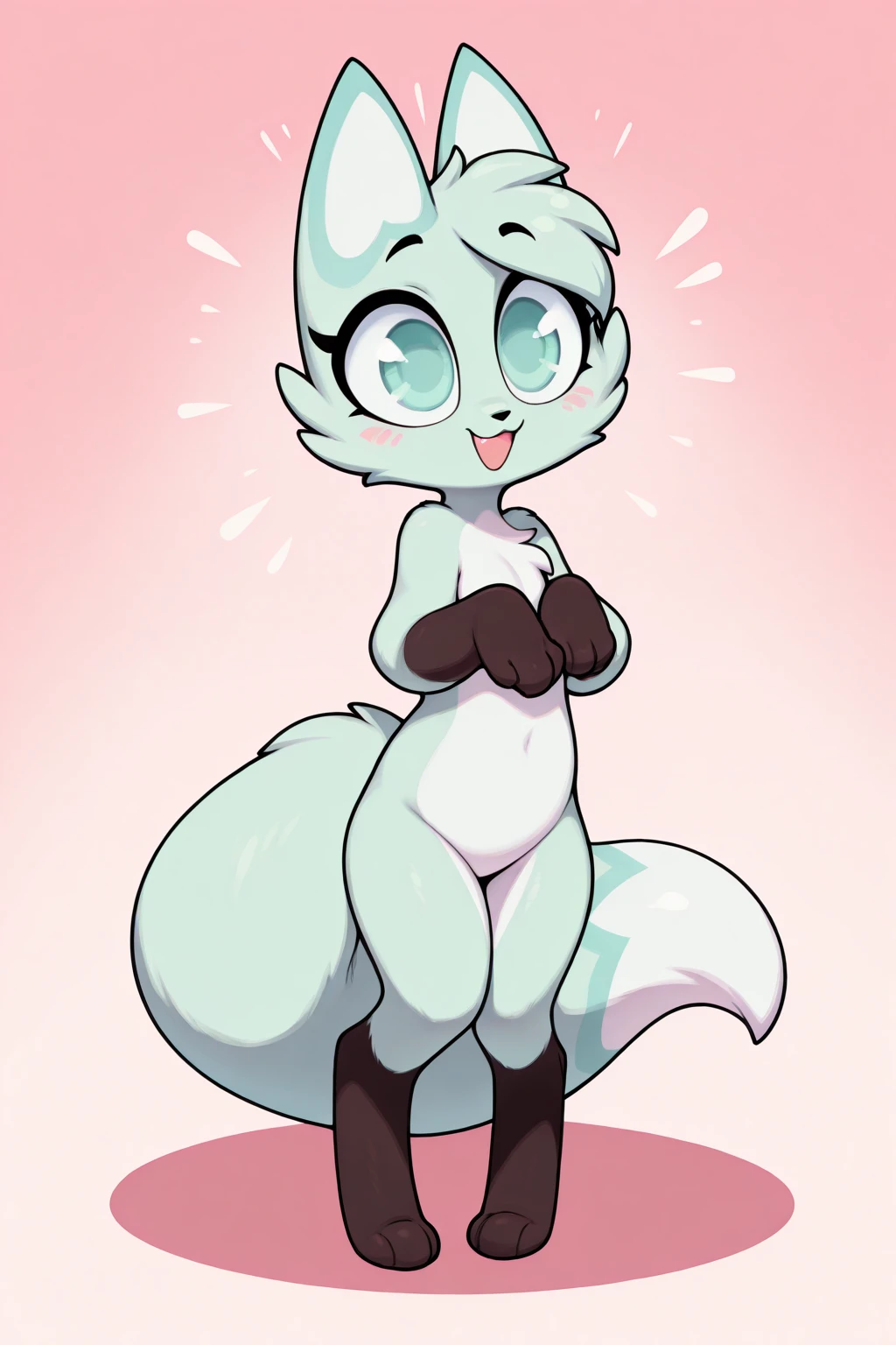 Angel Pony, female, gray fur, white mane, blue eyes, glowing blue eyes, smiling, blushing, very fluffy fur, long length fluffy fur,  very cute looking, naked, very big breasts, thick body, Standing, in the living room 