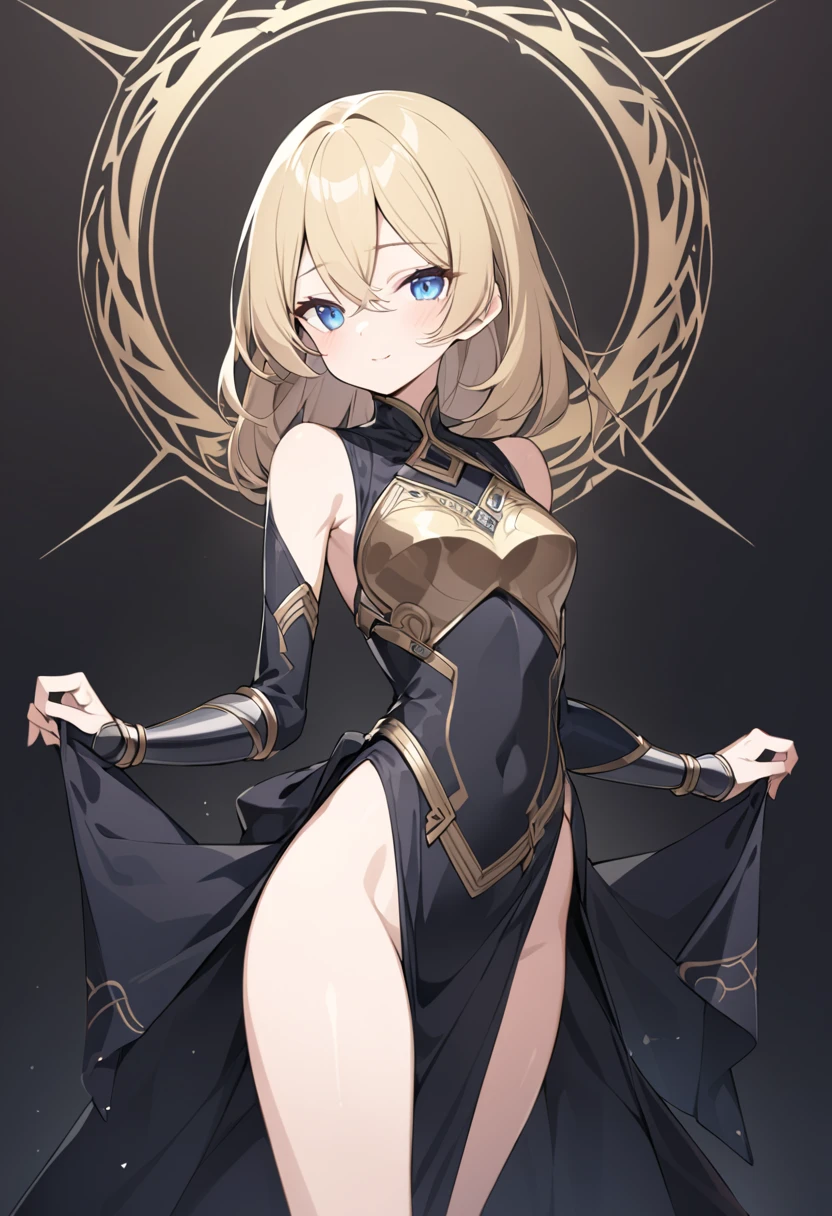 (masterpiece:1.2, best quality), 1girl, veil, black gloves, black thighhighs, smile, hair between eyes, blue eyes, hair ornament, arm behind back, thigh strap, medium breasts,