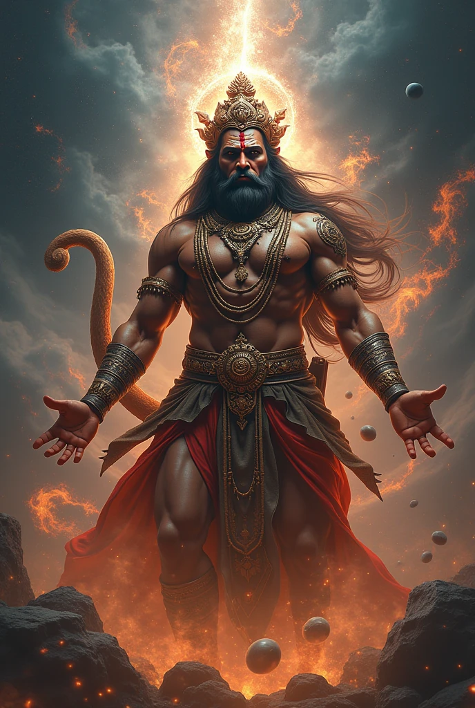 "A highly detailed and high-definition image of Lord Hanuman standing on a stone. He has a powerful, muscular body and blue, intense eyes that give him a real and divine appearance. He is wearing a Rudraksh necklace around his neck and also on his wrists. His tail is visible, and he is holding a Gada (mace) in one hand. Hanuman Ji appears in his traditional monkey-like form, exuding strength and divinity. The image should be of the highest quality and capture the essence of the revered deity."