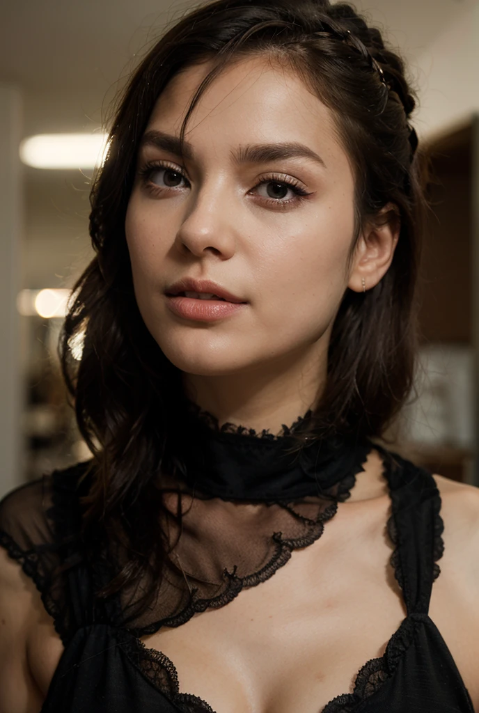 ((best quality)), ((masterpiece)), (detailed), perfect face realistic photo of beautiful woman with long dark brown hair, Russian, influencer, light freckles, dark brown eyes, big lips, no makeup, instagram, in a red dress posing for a picture, inspired by Gabriel Ba, tumblr, sequins, with shoulder pads, sleek!!!, glitter gif, breath taking beautiful, low cut dress, high fashion, great pinterest photo