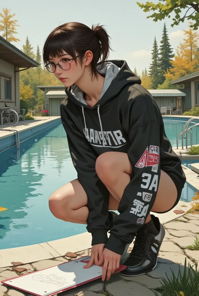 ((top quality、masterpiece、high sensitivity、high resolution、Detailed Description、depiction of a delicate face、Ｆvalue：6.0),((Slender Woman、wearing glasses)),Advanced Digital Art、School Swimsuit、hoodie、Holding a beatboard 、Crouching by the pool、