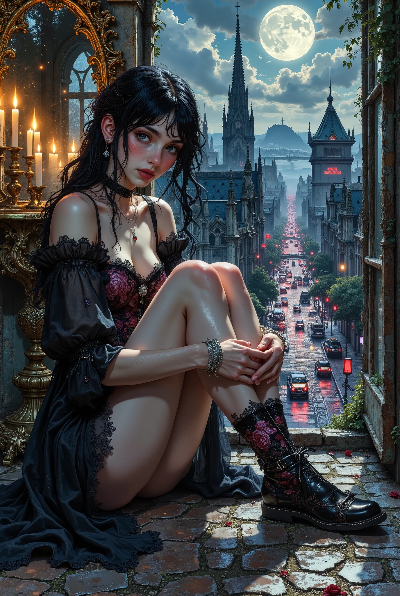 A young, very beautiful girl with aristocratic pallor of skin and almond-shaped eyes, accentuated by dark makeup, is sitting on an old stone floor near a large Gothic-style window. Her pose is half-embryo: knees pulled up to her chest, arms wrapped around her, chin lowered on clasped fingers. On his left arm are thin silver bracelets that jingle with every movement. The gaze is directed downwards, but not at the floor - but somewhere through it.; Her lips, tinted dark cherry, are slightly parted, as if she is frozen in the middle of an unspoken thought.Her hair, long as night, with a bluish tint, falls over her shoulders, intercepted only by a thin silver thread with a pendant in the form of a drop of black amber. She is wearing a semi-transparent black chiffon shirt with lace cuffs, through which her fragile collarbones shine through. On top is a corset the color of a bloody rose with intricate embroidery with silver threads resembling a spider's web.
The flame of candles in a massive candelabrum, standing in the corner on the floor, is reflected in a huge mirror in a gilded frame.Outside the window, a Gothic metropolis sprawls below: spires of cathedrals, sharp roofs of ancient buildings, intertwining bridges and neon signs. Somewhere in the distance, the silhouette of an abandoned chapel looms, and cars with red headlights move through the streets like blood through the veins. The moon, huge and pale, hangs above the horizon, reflecting in puddles on the pavement. The light of the setting sun falls from a high lancet window (somewhere at the level of her shoulder), drawing a pattern of dusty rays on the floor and her legs.The color scheme is deep velvet tones with Gothic accents. The camera shoots from the bottom up, emphasizing the fragility of the girl's figure against the background of the Gothic interior. The style is Gothic romanticism with elements of dark academia: the textures are hyper-detailed