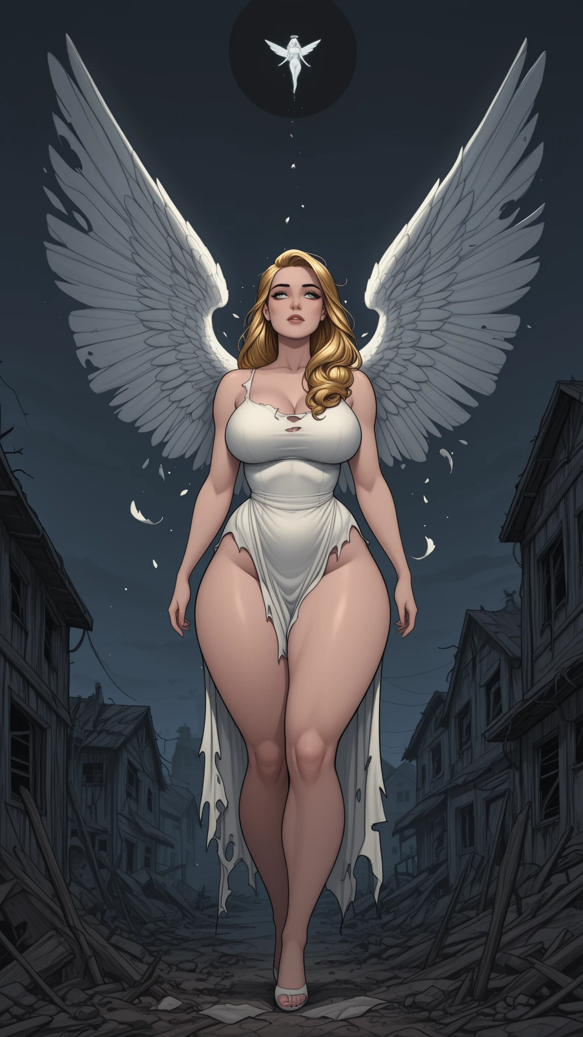 Sexy pregnant angel, Halo, elegant white dress, cleavage