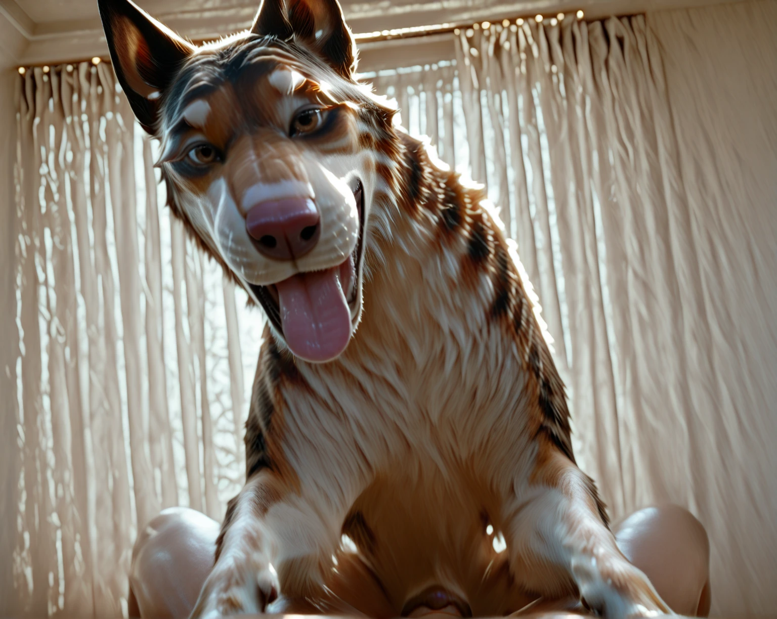 Score_9, Score_8_up, Score_7_up, Score_6_up, Score_5_up, Score_4_up, source_real, female furry, furry, anime style, vulpera, saliva, fellatio, blowjob, saliva on penis, from side, pussy juice on penis
