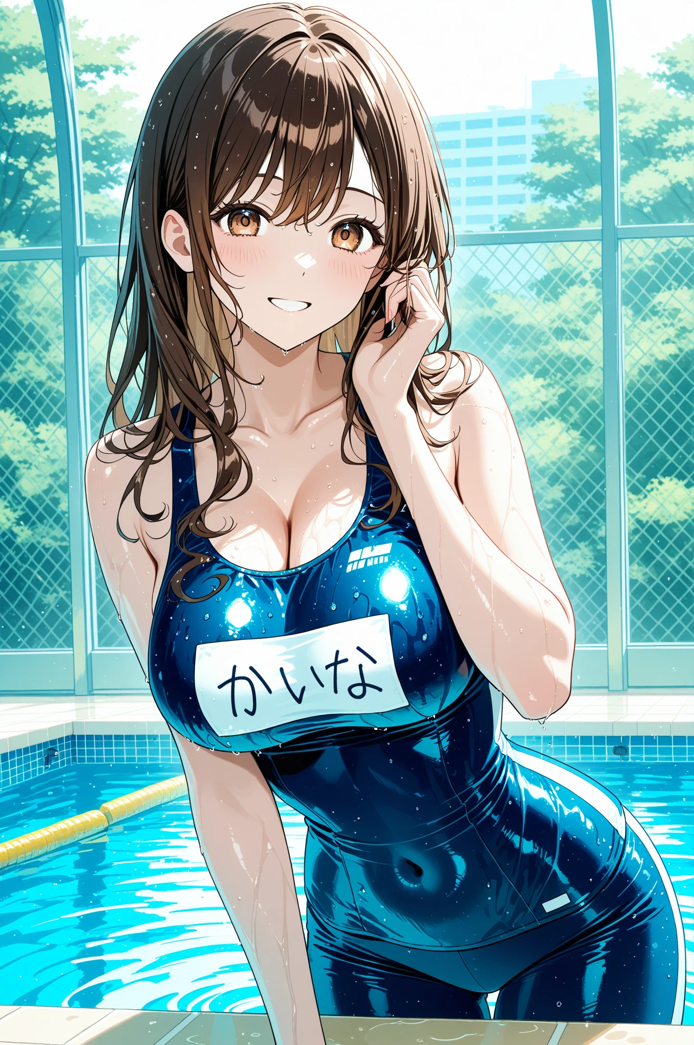 (Magazine cover),wavy hair,Japanese mature swimming coach, Bright big eyes(Wearing a black high-cut swimsuit),(Tanned skin),Blushing，Sweat all over the body，Perfect breasts，Perfect body，Wet，Swimming pool,uhd, masterpiece, high details, high quality, best quality, highres