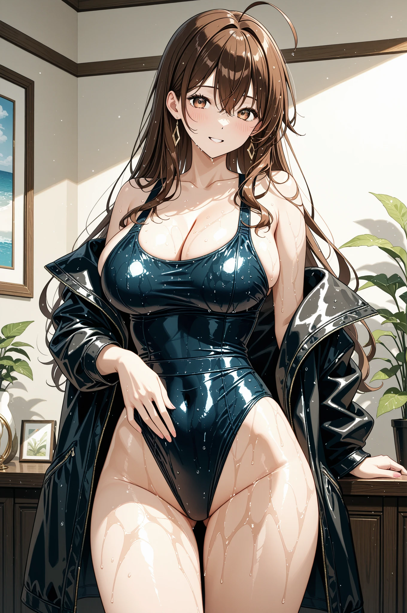 highest quality、Nice sexy body、One Woman、solo、(Beautiful busty woman:1.5)、Woman with straight hair、((Woman with dark red hair))、Woman with straight hair、((A woman wearing a navy blue one-piece school swimsuit))、smile
