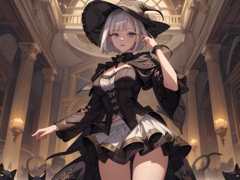 (Masterpiece: 1.3), (Top quality: 1. 2), Grande plano de one rapariga bonita, Ultra-detailed illustration, super high qualiy, high qualiy, best qualityer, members, Fingers, beautiful and slender girl, one, Eyes red, leather witch cosplay, little devil, bob cut, otherworldly fantasy witch kingdom, Magnificent, ancient magus, dark turn, Effects group, Witchcraft visualization