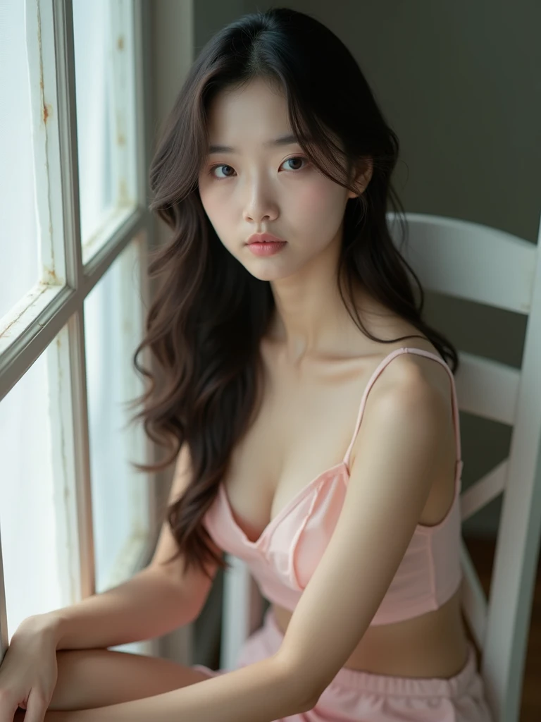 Tabletop, Highest quality, figure, Very detailed, In detail, High resolution, 8k wallpaper, Perfect dynamic composition, Beautiful attention to detail, Natural Lip, sexy knit dress , Big Breasts, Cleavage, Random sexy poses, whole body、(Japanese beauty:1.1)、(short:1.1)、(Very long wavy hair:1.1)、Big eyes、(Very slim figure:1.2)、(The thinnest、The most toned body:1.2)、(Very small waist:1.2)、(Lovely light pink lace and revealing:1.1)、(Huge breasts:1.1)、(大きなCleavage:1.1)、(Strong and blurred realistic school classroom background:1.2)、(The most natural and perfect school classroom background:1.1)、(bright、The most radiant skin:1.1)、The most beautiful、The most shiny hair、Bright and glossy、(すごくbright:1.2)、Perfect and beautiful makeup、Standing Elegantly