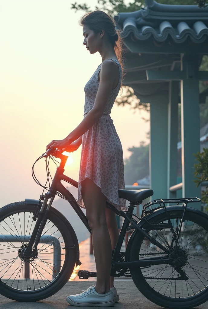 Surrealism:1.5, Bokeh, young woman aesthetic, bicycle riding, pier, High-quality DSLR snapshots, High-definition film grain photo taken at f/16, ISO 100, With 200mm lens, Global Illumination, Fibonacci