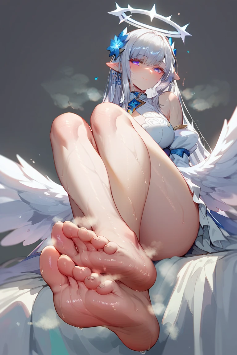 (masterpiece:1.2), hyper detail, best quality, (intricate_details:1.1), beautiful detailed, beautiful hair, solo,1girl,robin_(honkai:_star_rail), head_wings, angel, virtual_youtuber, 1girl, white_wings, looking_at_viewer, halo, wings, upper_body, solo, blurry_background,shoulder,upper body,sweating,heavy breathing,steam,blush,open mouth,young girl,from below,looking down,flipped hair,sitting,thigh,legs focus,feet,five toes,one feet have five toes,((two legs)),((two feet)),bare feet,feet focus