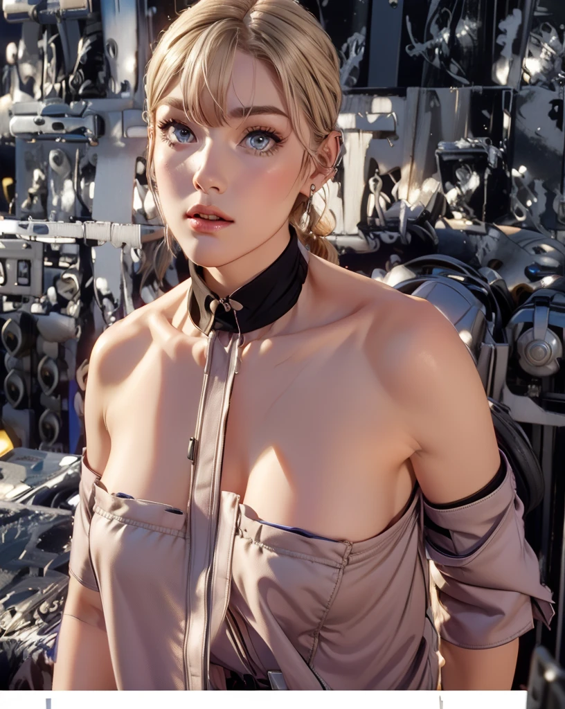 (Chainsaw Man, Makima), white long-sleeved shirt, (orange braid), mature, beautiful, perfect style, big, emphasizing cleavage, expressionless, realistic, photoreal, 8k, highly detailed, highest quality, best quality, super high definition, masterpiece, one girl, (background is Egyptian pyramids),