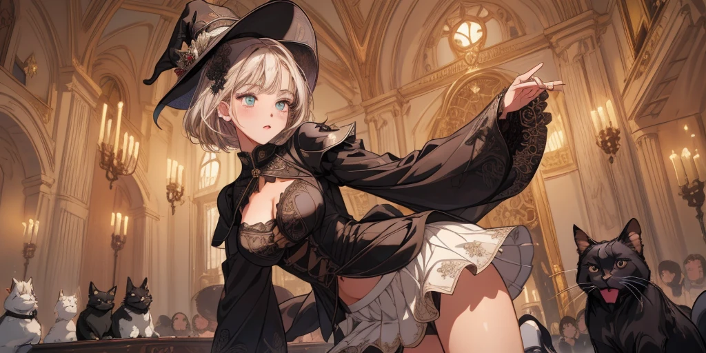 ( Trading Card Game Frames:1.7),(3D anime fantasy art:1.3),(Portrait of a witch with a magic wand:1.3),(Cinderella's Castle in the background:1.3),(((victorian gothic dress:1.3))),(((Black Witch&#39;large hat:1.3))),Cute and beautiful girl,Cute round face,Cute smile,with blush cheeks,Red Lip,(silver white hair,Floral braided headband,half up、Floral Braided Space Van,Voluminous Fishtail Braids,Twisted chignon,),(Bangs are see-through bangs),hair pin,hair adornments,detailed clothes features,Detailed hair features,detailed facial features,(Dynamic angles),(Dynamic and sexy poses),Cinematic Light,(masutepiece,top-quality,Ultra-high resolution output image,depth of fields,intricate detailes,Make the subject look three-dimensional with the contrast of light and shadow,) ,(The 8k quality,Anatomically accurate facial structure,),(Sea Art 2 Mode:1.3),(Image Mode Ultra HD,)