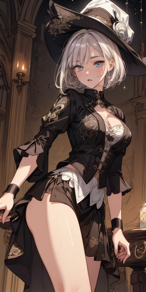 A girl in a black bikini、Wearing a hat,masterpiece, best quality) detailed,silver accessories , Blonde ,elegant, Pointed ears ,Black shirt,Black pleated skirt,Ponytail,Waist-length hair,Smile,Star decoration,Lace lace socks,vampire,Lace underwear,Lace stockings,Exposing thighs,(Nurse Clothing)