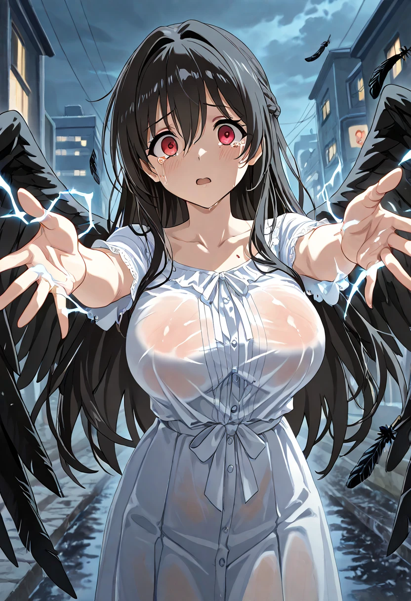 Many monsters attack、(((masterpiece, Highest quality:1.3,absurdres))),25 year old beauty,solo,(((very small head))),long hair,bangs,dark blue hair,dark blue eyes,gorgeous eyes,Pain、medium breasts,((very long body:1.2)),((toned body,slender body)),skinny,(((tan skin:1.2))),gleaming skin,shiny skin,sweat,((ripped jeans,White panties)),((White tube top,nipples,navel、Injury、Torn clothing:1.3,)),White sneakers、kneeling,(Defeated、Lots of monsters),Collapsed building,Tokyo、at night、