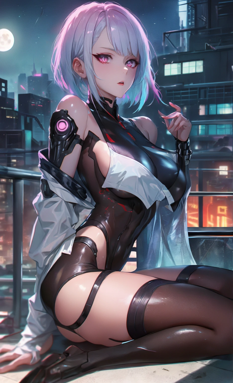 Highest quality、8K、(Bunny girl)、Fishnet tights、High heels、Red Bunny Suit、View Viewer、smile、Futuristic Living Room、indirect lighting、Room with houseplants、From the window you can see the valley between the city buildings、Night view、Silver short hair、Beautiful eyes、Beautiful Face、Delicate eyes

