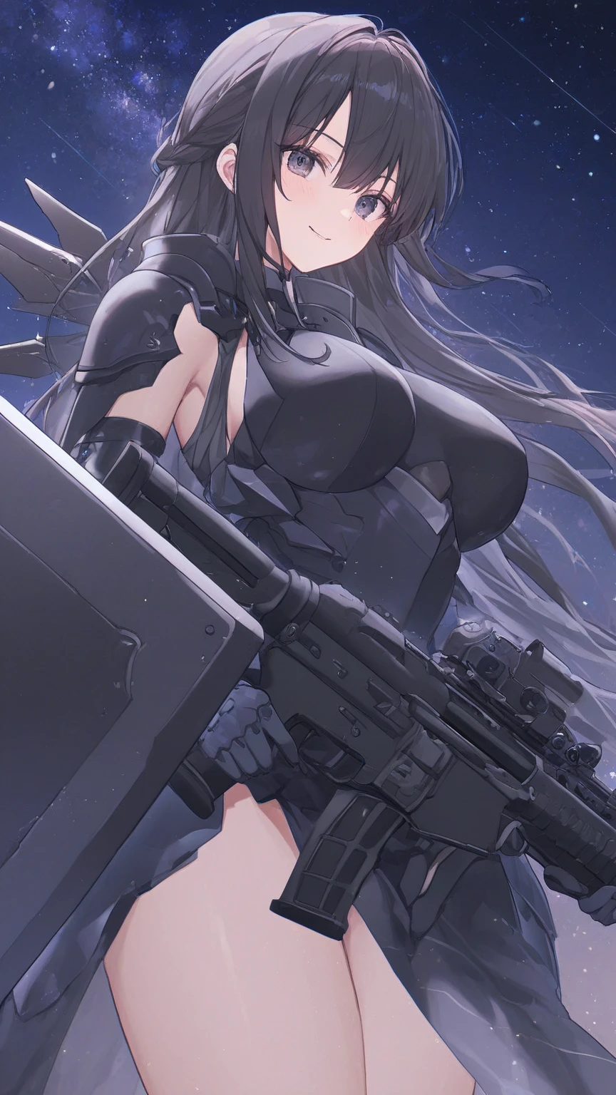 high resolution、Detailed drawing、Beautiful background、NOD、Lapi、cute、sexy、Black Beret、(Brown Hair、semi-long、Straight Hair)、Black and crimson military uniform、Black leotard、One Girl、(rifle、Gun of the Future)、Strengthen the outer frame、Big Ass、Big Breasts、Revealing clothing、Random cool poses、Fighting Pose、Android、Mechanical Body、(Futuristic sci-fi background、A giant combat robot in the background)、Troubled face、blush