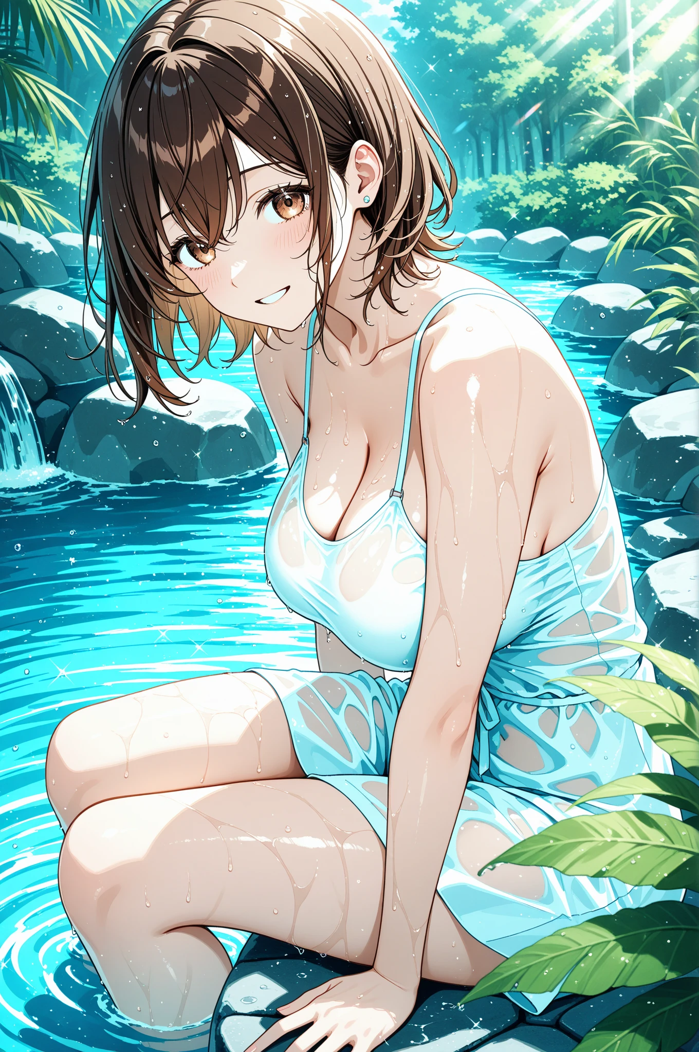 Swimsuit Gravure Idol Girl Wearing Anime Collar, Long necklaces and earrings, In the style of a tranquil garden landscape, colorful animation stills, Masami Teraoka, aquamarine, paul gauguin, Embry style, Honest portrayal