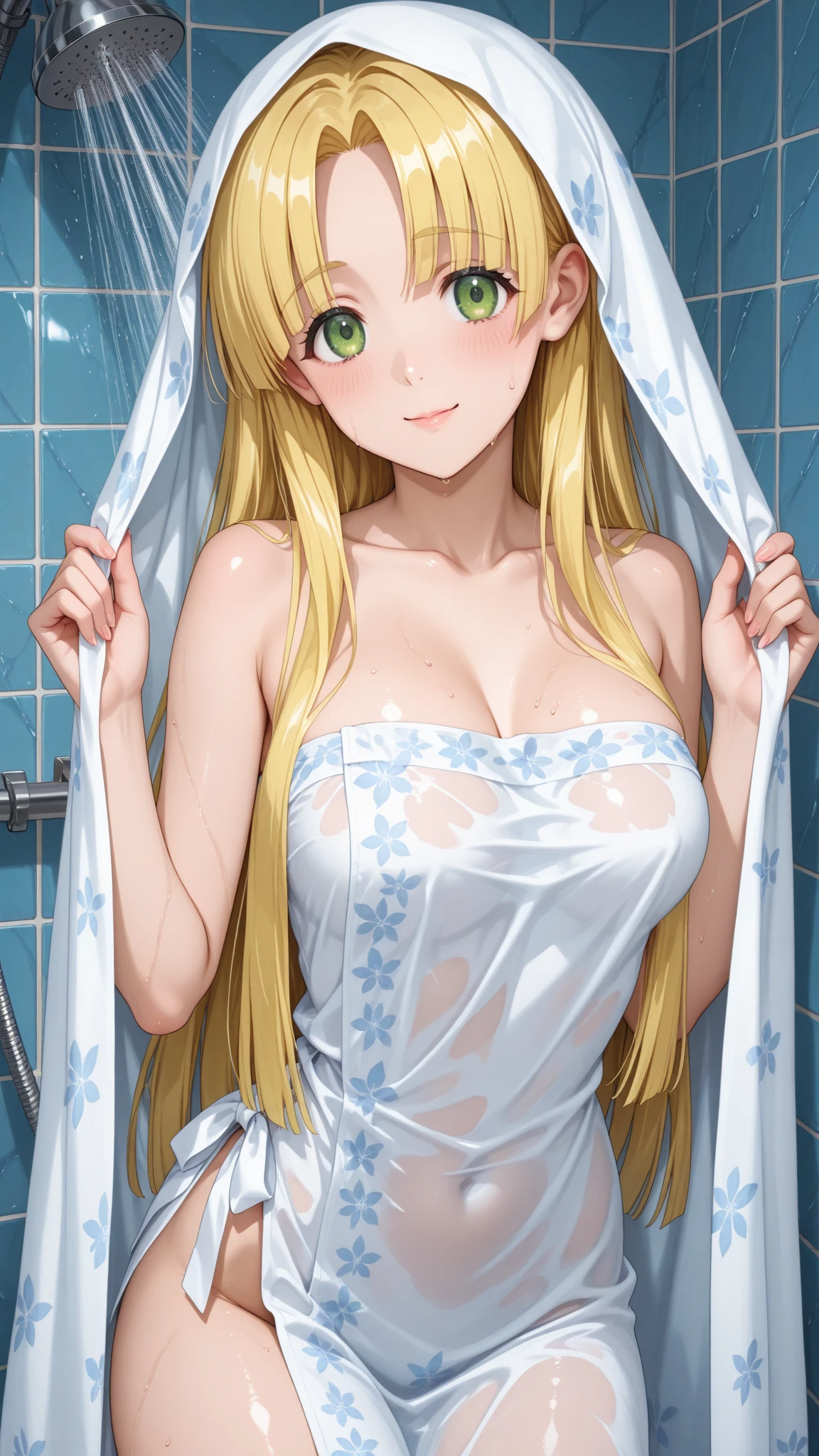 Heiana Sumire　Blonde　Neatly trimmed bangs　Straight Hair　Yellow-green eyes　Long Hair　whole body　Large Breasts　Wrap a white bath towel around your body　shower room　High quality　Soaking wet　smile　　　I take a shower　Cleavage