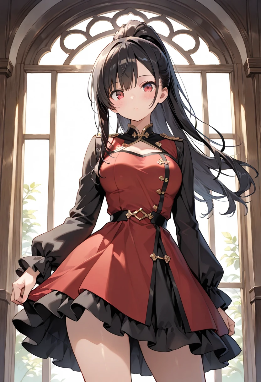 masterpiece, best quality, ultra-detailed,
RinzeMorino, RinzeRedDress, long hair, side ponytail, hair ornament, sleeveless, red dress, from below, (skindentation:1.5),
<lora:RinzeMorino:0.7> <lora:smirkingeye_v100:1>