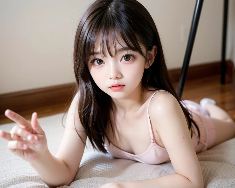 Nightshirt,(open mouth:1.5),(tongue out:2),lying,hand between legs,overhead shot,front view,face focus,(1girl,Beautiful 14 year old girl,teenager),((Slender,Small breasts,Small face,)),(looking at viewer),Black Hair,bangs,one side up,Beautiful and detailed,(Dimly lit room:1.5),White bed,pillow,Mischievous smile