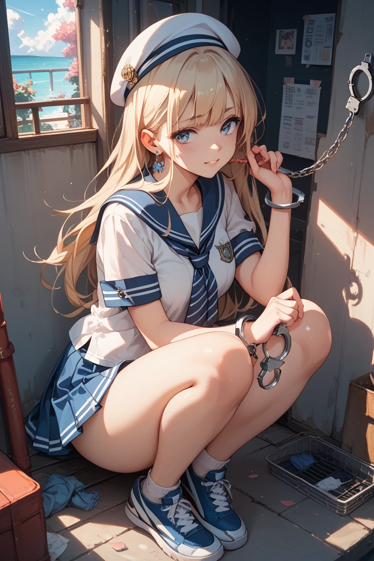 masterpiece, best quality, 1cute girl, school costume, front shot, full body, sitting, legs up, (bdsm, shackles, chain, creampie, crying),