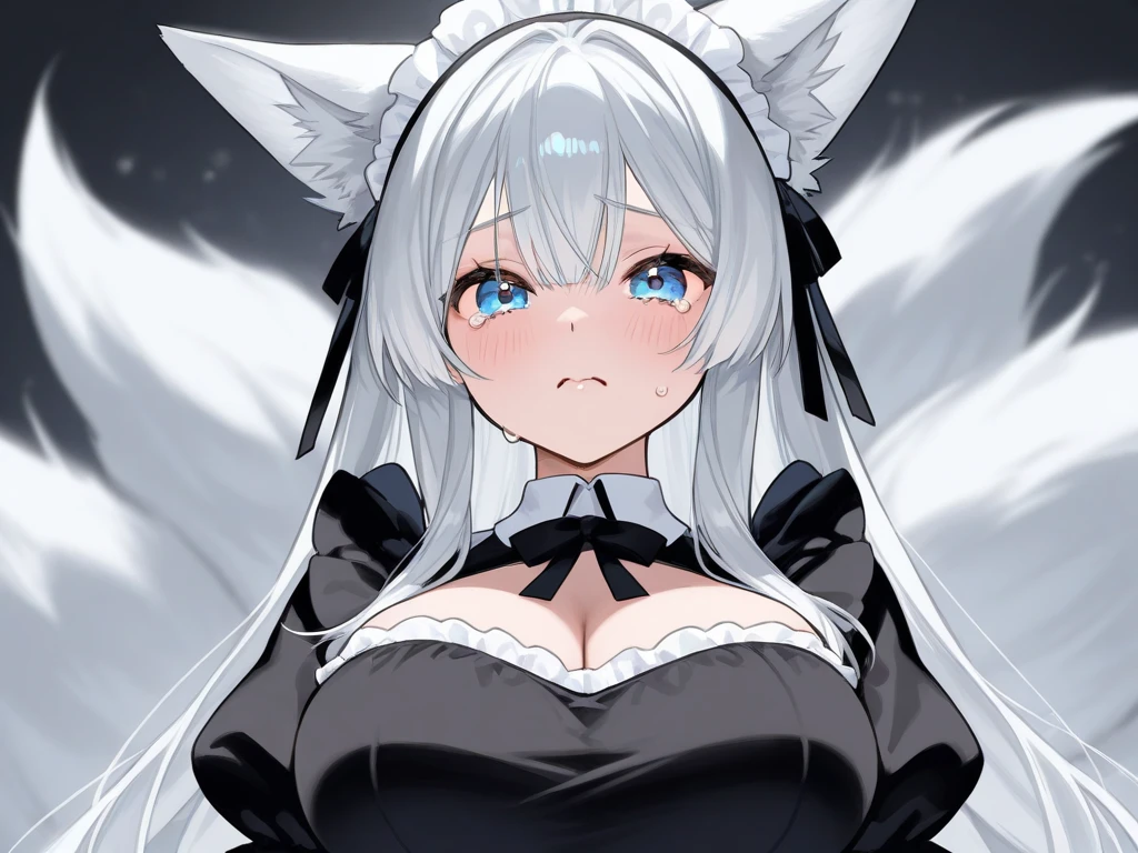 beautiful white neko, long white neko ears, white neko tail, anime style, purple eye, blue eye, big breasts, extremely detailed eyes and face, Wearing White and Black Waiter outfit, white long hair, heterochromia, wide waist, mature woman, black small beauty mark under right eye