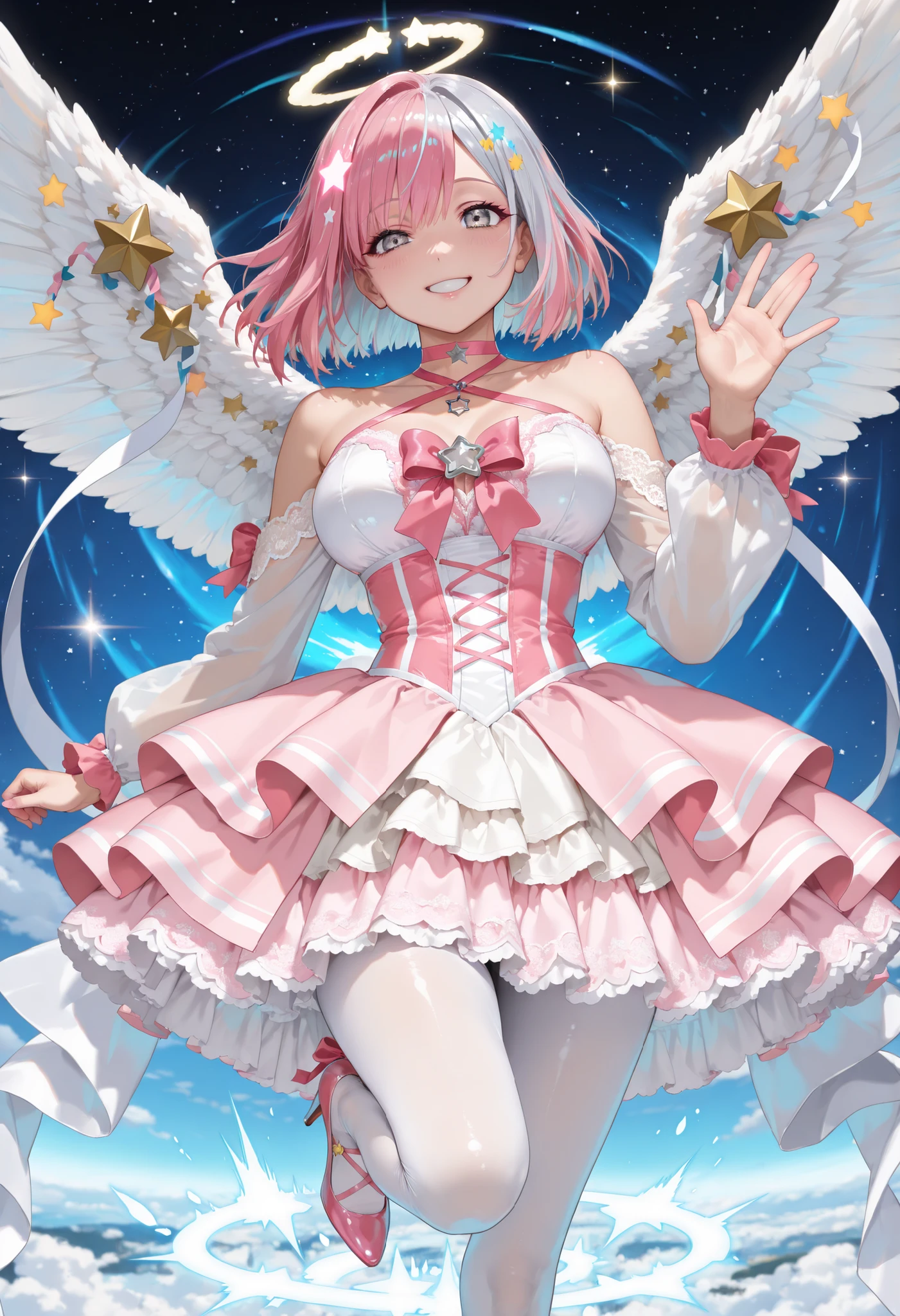 from below, cowboy shot, masterpiece, best quality, amazing quality, very aesthetic, high resolution, ultra-detailed, absurdres, newest, scenery, BREAK, depth of field, volumetric lighting, (masterpiece, best quality, absurdres, detailed,perfect quality, amazing quality, very aesthetic, absurdres, newest, ultra-detailed:1.2), extremely detailed, modern, very awa, crisp, sharp, beautiful eyes, fine textures, clean skin, 1girl, 18yo, BREAK ((silver hair:1.5),bob cut, bang between eyes), ((glossy silver eyes:1.5)), (cute eyes, tareme, twinkle eyes), (large breasts), cute face, beautiful face, pretty face, beautiful, good anatomy, long eyelashes, expressive eyes, Perfect Hands, happy, one eye close, smile, glossy lips, perfecteyes,BREAK (pastel-pink and white theme:1.4), (cute magical girl costume:1.2), ((tone on tone, white and pastel-pink girly dress with plenty of lace and tulle):1.2), (cross halter pastel-pink bustier with lace-up:1.4), (bare shoulders:1.3), (big ribbon on front:1.3), (layered tulle skirt with ruffles:1.4), (sheer white lace long sleeves:1.4), (pastel-pink choker:1.3), (symmetrical white angel wings:1.4), (white pantyhose with countless ribbon decorations:1.3), (pastel-pink pumps with heels:1.2), (white glowing halo:1.3), (whtie (star-shaped, star-symbol) bioluminescence glow LED-light on hair:1.4), BREAK 1girl, flying in the high sky, a cute anime girl, (dynamic pose:1.6), waving hand, happiness. BREAK soft lighting, (masterpiece, best quality), (cute, 8K, perfect lighting, perfect anatomy), absurdres, (best quality), (ultra-detailed:1.2), high res, very aesthetic, ultra-detailed, cinematic, masterpiece, best quality, sharp outline, detailed eyes, high gradient eyes, high definition eyes