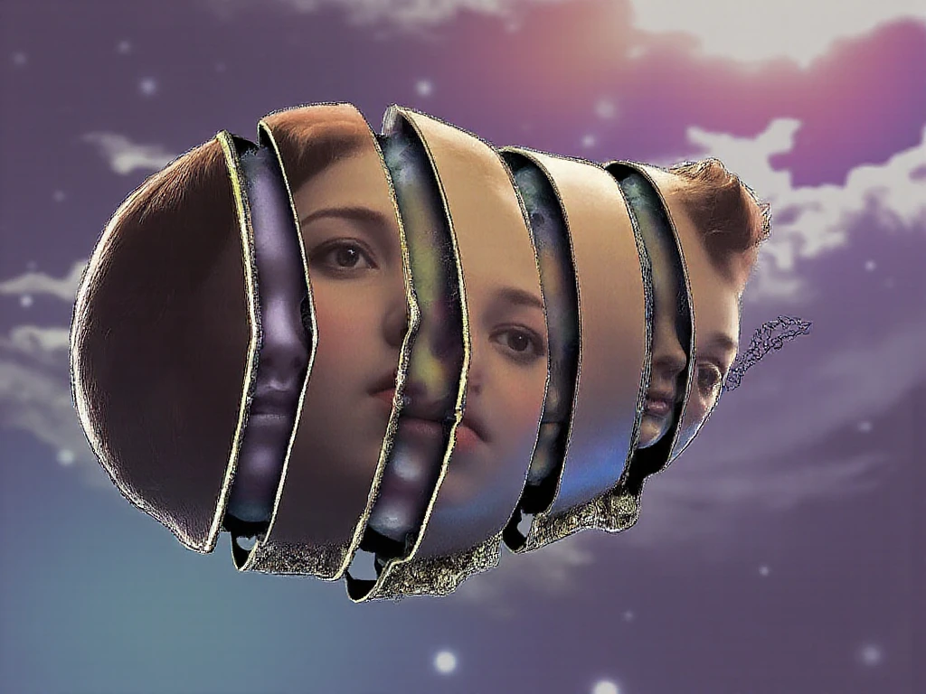 Sliced layers of a faceless head horizontal position 3d volume empty, shades, lights and shadows, cosmic starry galactical void background