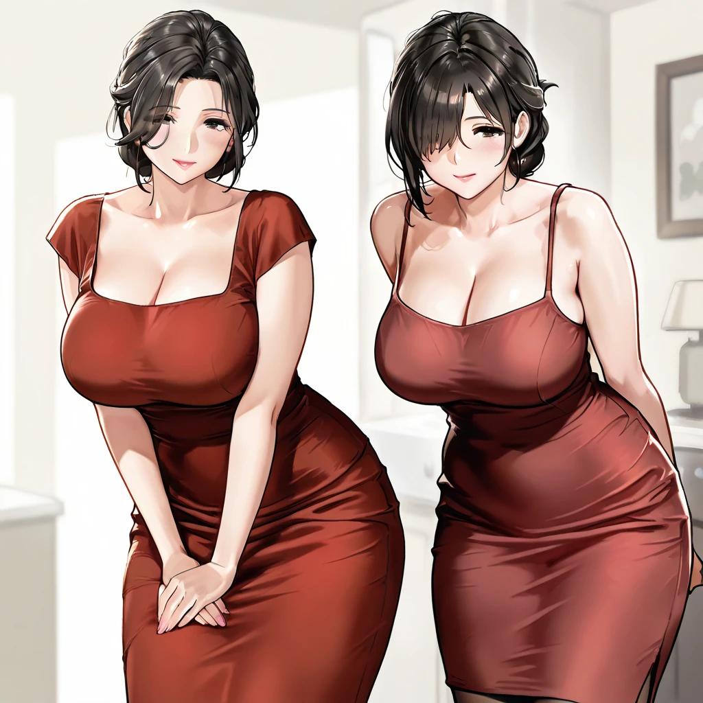 Group of mature women, in tight skirt and low-cut blouse. In the back there is an apartment complex. Women range from slim to plump figures, with curvy and sensual bodies.
