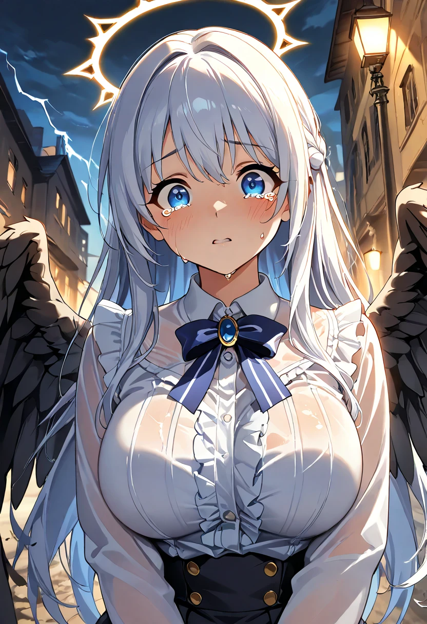 Sex , White hair, black red eyes, semi nude, hypnosis, cum on body, city, adult big breasts small ass, White shirt, black tie, excellent photo quality, Anime graphics, long hair angel