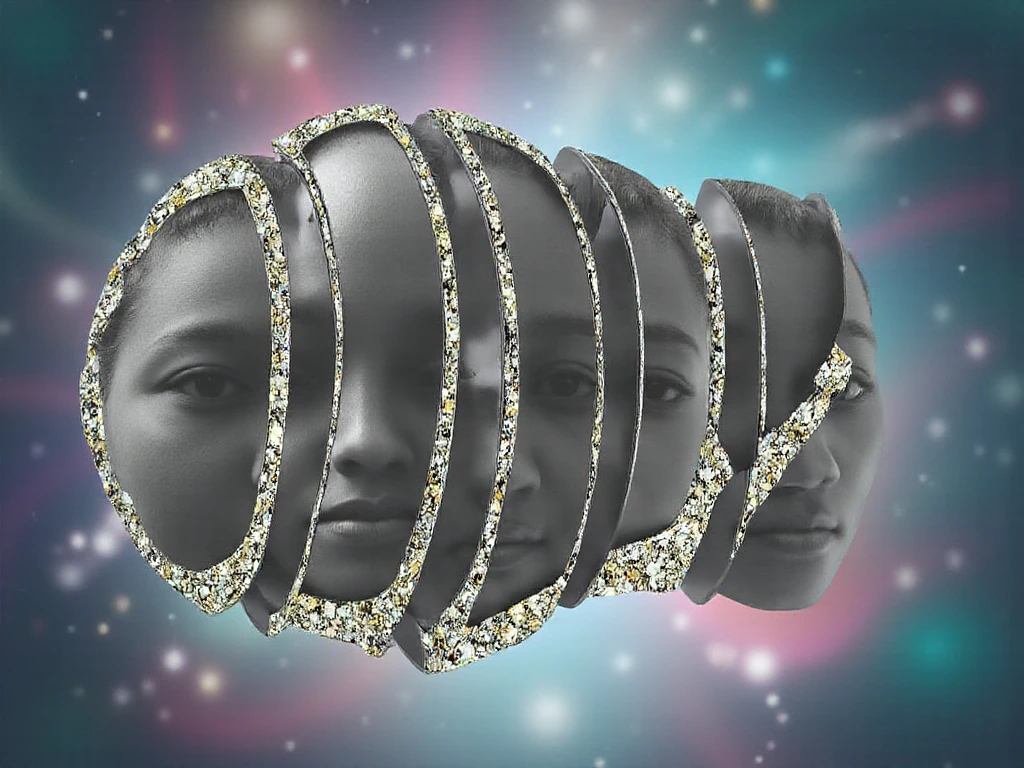 Sliced layers of a faceless head horizontal position 3d volume empty, shades, lights and shadows, cosmic starry galactical void background