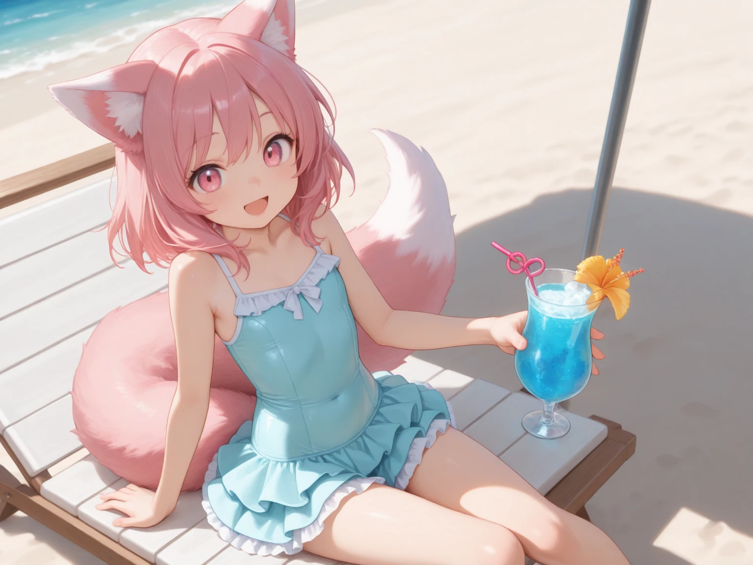 ((Highest quality)), ((masterpiece)), (detailed), A cute cat-eared girl, Poolside,Giddy Smile,Sunlight,Stretching,Straddling a chair