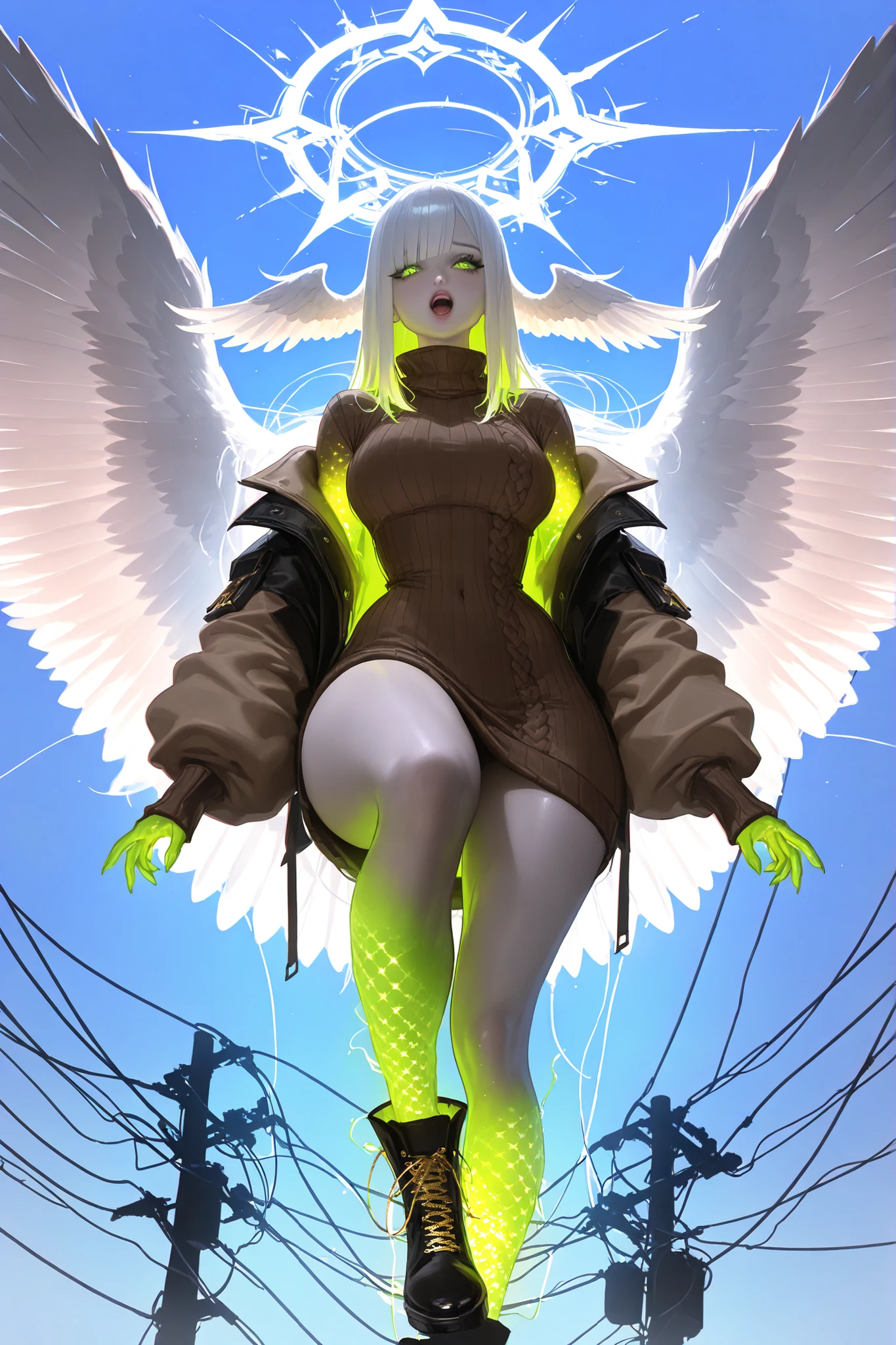 (tangobat:0.7),(Sakimichan:0.7),(High quality CT,4K,High resolution,main part:2.3),(Very detailed,realistic:1.37,Best quality,masterpiece, high resolution,on_body), (Tyndall effect,photorealistic, edge lighting, Two-color backlight),(high definition of skin:2.3), (8K UHD, DSLR quality, soft lighting, high quality, surround lighting, sincere, de 8K , 4K, 8K.) (xxx667_illu,)(feathered head wings, demon head wings, [color] head wings, multicolored head wings ,)The winged woman is angel. She has a mature bodybuilding  with big breasts , thin waist and wide hips. She has a peachy pale skin. She has glowing green eyes with star sigils. She has fluffy feathered winged ears on her head.  She has longest  blond gold  straight hair, with symmetrical flat straight bangs.  She is wearing a longest skintight beige knitted sweater dress. She wearing a pastel brown knitted jacket with gold lacing on sleeves. she wearing  a brown cowboy ankle boots - cossacks. She has a  gold glowing halo with above her head. She has a four huge white wings on her back. She carries with her a red crucifixion-sword, an Orthodox Christian cross with eight ends. On the background: a gray city in the fog , electric power lines moaning over the city,light blue sky of noon.