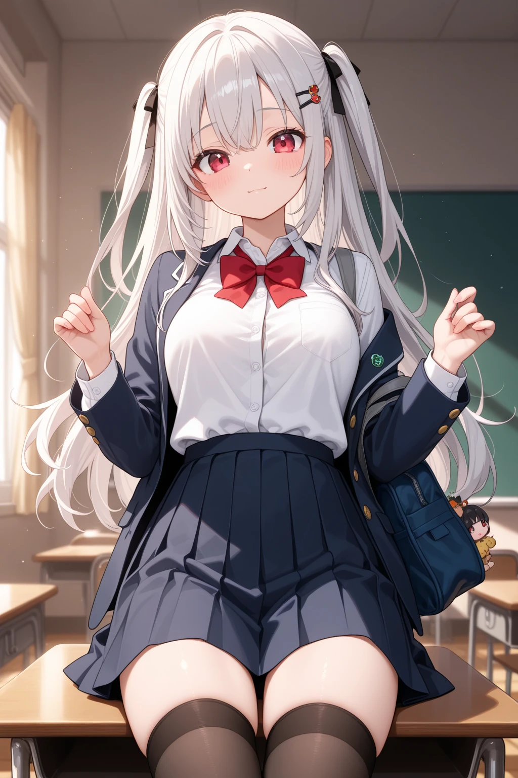 Best Quality,masutepiece,fullnude，look down on, Upper body,silber hair，Strands of hair,Fair skin,‎Classroom，tiny chest、Take off your uniform, Bow, Red bow, Long sleeves, Shirt, Collared shirt, White shirt, Skirt, Pleated skirt, Black skirt, tiny chest、looking at the viewers, BREAK (masutepiece:1.2), Best Quality, High resolution, Unity 8k壁纸, (Illustration:0.8), (Beautiful detailed eyes:1.6), extra detailed face, Perfect Lighting, extremely details CG, (Perfect hands, Perfect Anatomy),A smile、(Skirt lift:1.3), (white  panties:1.3)、(Skirt that rolls up:1.3)、(Fully exposed panties:1.5)