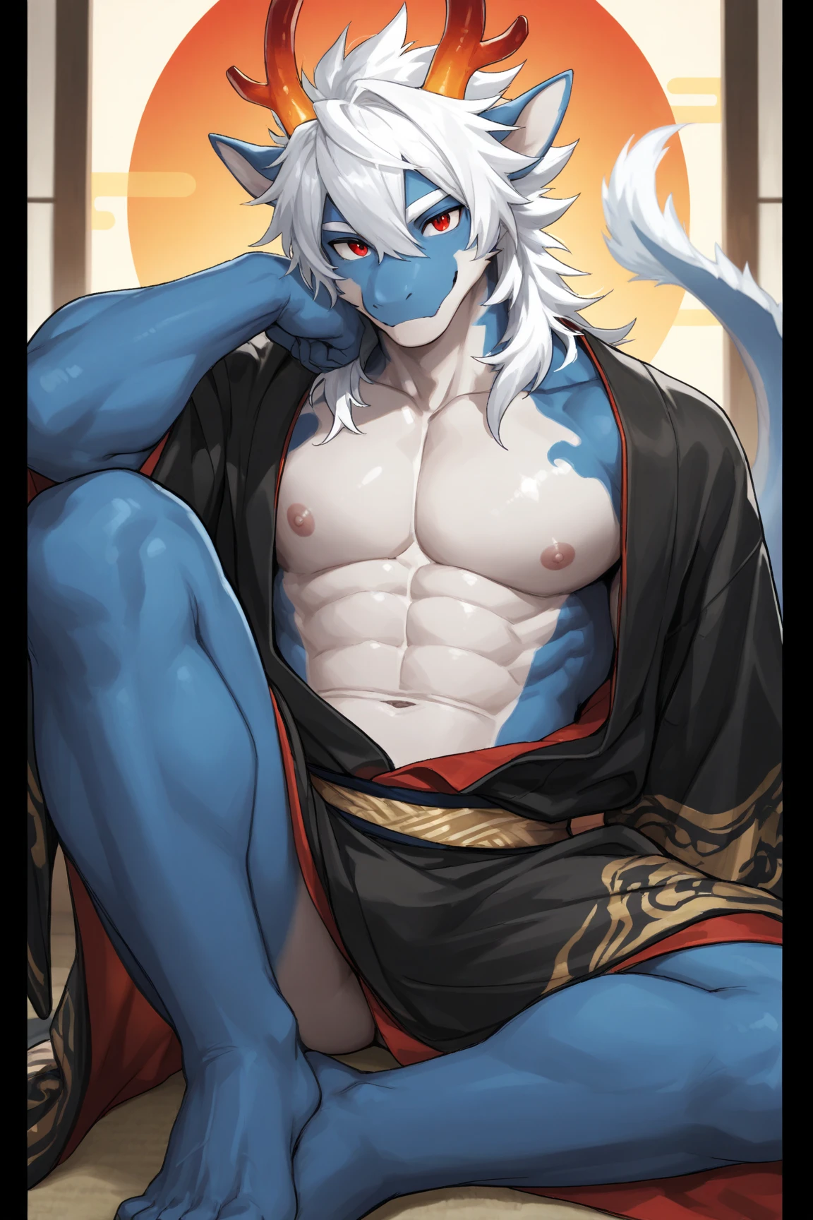 kitsune yokai boy,lean tall body with beautiful muscular,have dark blue hair and golden eyes,show fox ear on his head, and having cunning smile expression on his face