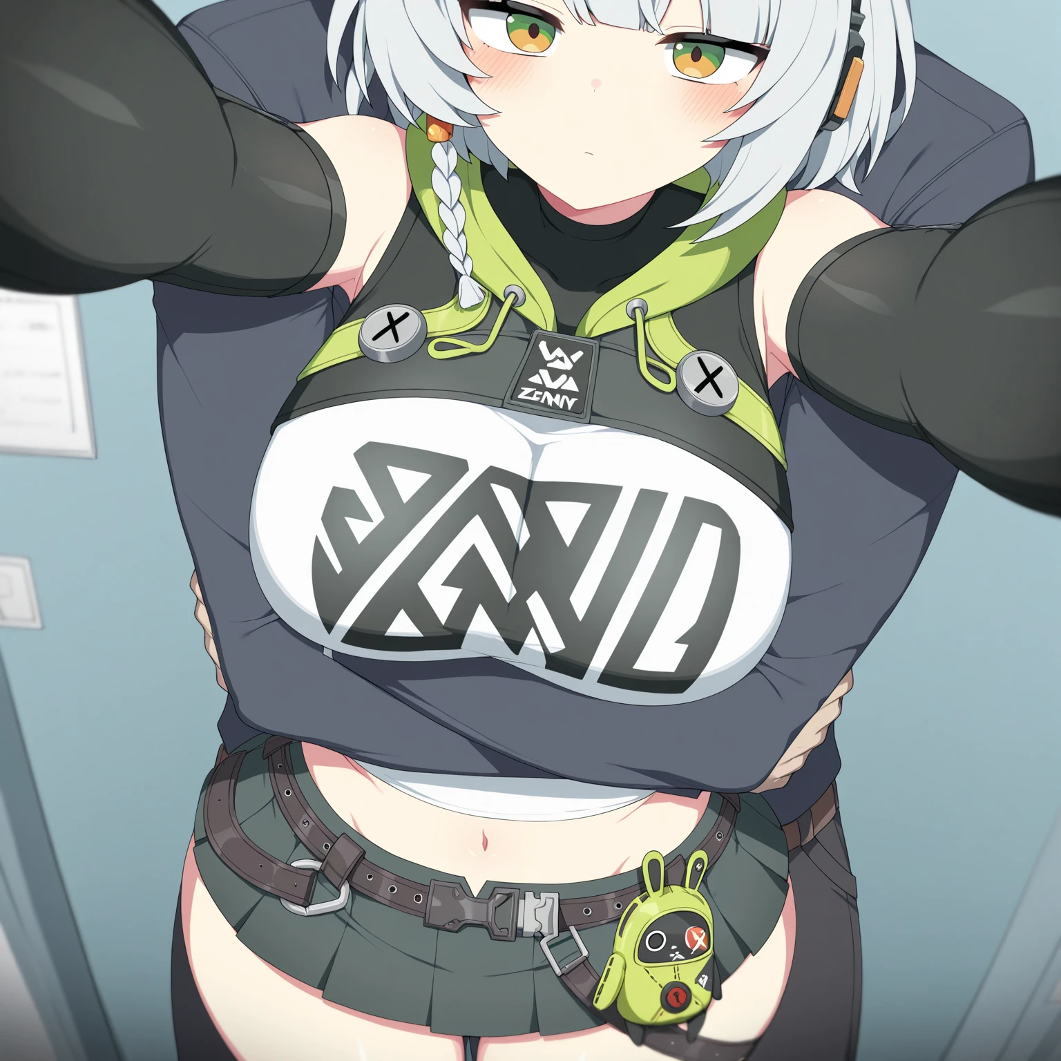 1girl, solo, wolf girl, wolf ears, short eyebrows, Animal ears, purple nails, white skin, large breasts, (hair over eyes:1.1), ringed eyes, pink pupils, silver hair, Pointy hair, Short hair, Asymmetrical bangs, Braid, (police:1.4), (handcuffs:1.2), (aroused:1.2), (hair fan), light blush, open coat, you gonna get eaten, sideboob, webcam, cyberlive, livestream,(cowboy shot:0.8), (expressions), ((databook)), (annotated:1.4), ((costume chart)), ((((how to)))), (text:1.4), (hips:1.6)