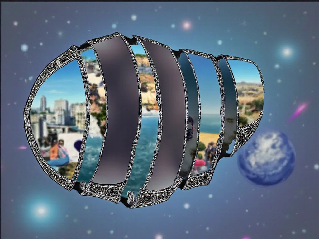 Sliced layers of a faceless head horizontal position 3d volume empty, many different intricated cityscapes and people on landscapes inside each slice, shades, lights and shadows, cosmic starry galactical void background