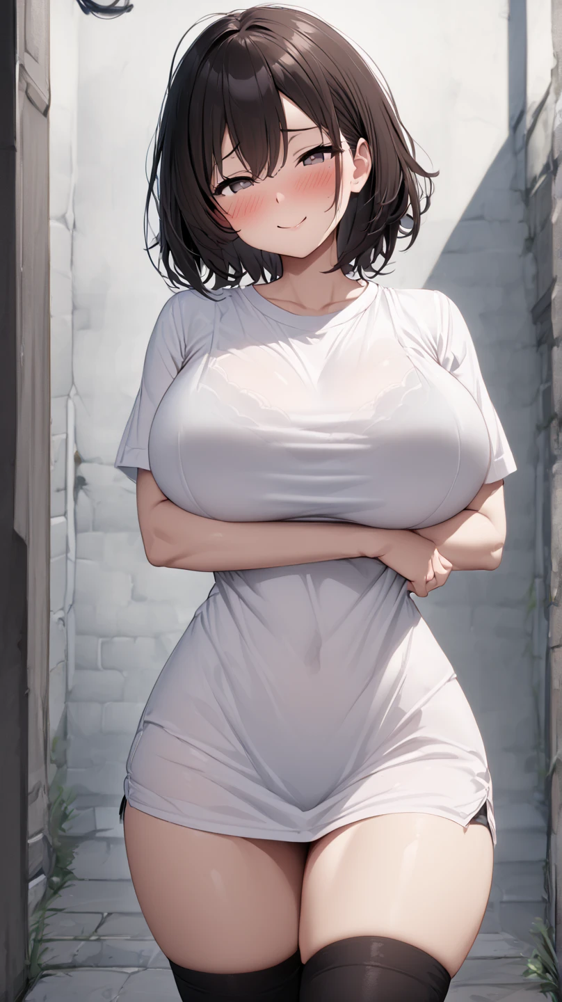 Masterpiece, Best Quality, finely detailed, high resolution, extremely delicate and beautiful, Luz outfit, best shadow, cowboy shot, 1 girl, Tired eyes, (huge breasts:1.4), (neckline), shiny skin, (oversized t shirt:1.2), (WITHOUT PANTS), cowboy shot, short hair