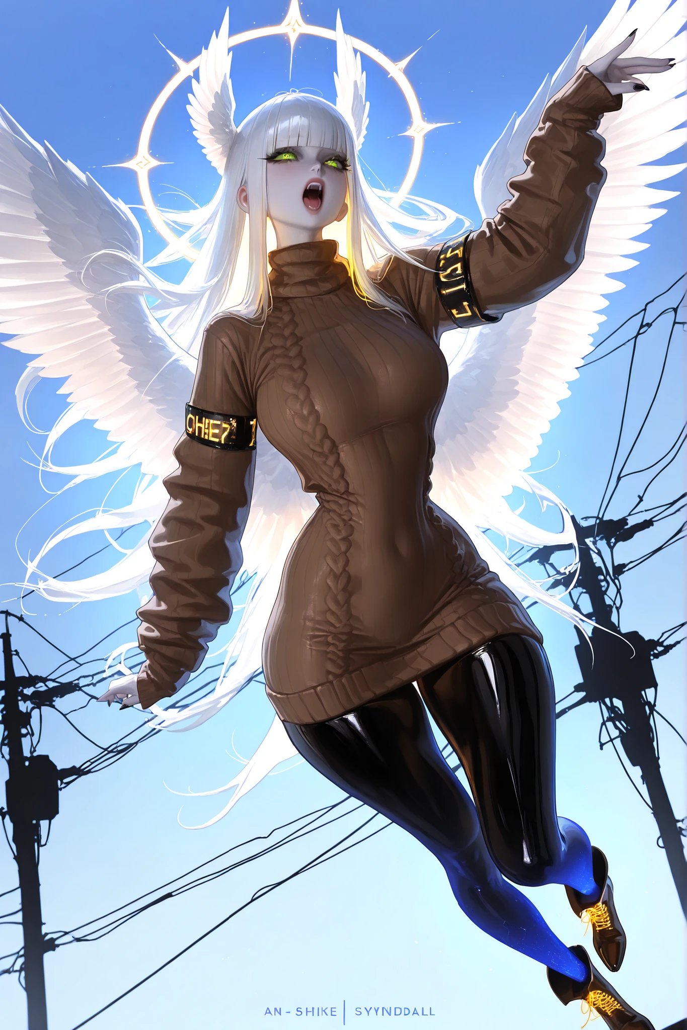 (tangobat:0.7),(Sakimichan:0.7),(High quality CT,4K,High resolution,main part:2.3),(Very detailed,realistic:1.37,Best quality,masterpiece, high resolution,on_body), (Tyndall effect,photorealistic, edge lighting, Two-color backlight),(high definition of skin:2.3), (8K UHD, DSLR quality, soft lighting, high quality, surround lighting, sincere, de 8K , 4K, 8K.) (xxx667_illu,)(feathered head wings, demon head wings, [color] head wings, multicolored head wings ,)The winged woman is angel. She has a mature bodybuilding  with big breasts , thin waist and wide hips. She has a peachy pale skin. She has glowing green eyes with star sigils. She has fluffy feathered winged ears on her head.  She has longest  blond gold  straight hair, with symmetrical flat straight bangs.  She is wearing a longest skintight beige knitted sweater dress. She wearing a pastel brown knitted jacket with gold lacing on sleeves. she wearing  a brown cowboy ankle boots - cossacks. She has a  gold glowing halo with above her head. She has a four huge white wings on her back. She carries with her a red crucifixion-sword, an Orthodox Christian cross with eight ends. On the background: a gray city in the fog , electric power lines moaning over the city,light blue sky of noon.