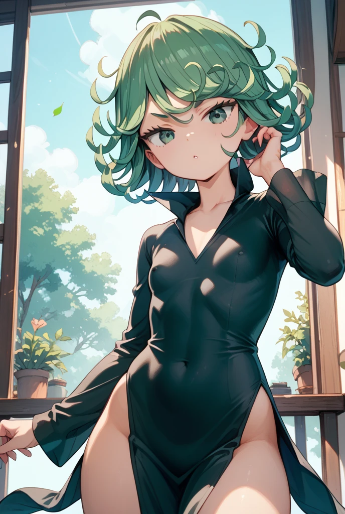 (masterpiece, best quality:1.2), cowboy shot, solo, 1girl, tatsumaki, lustful, closed mouth, looking at the viewer, ass, wide hips, black dress, transparent dress, blue sky, clouds, erotica, green aura