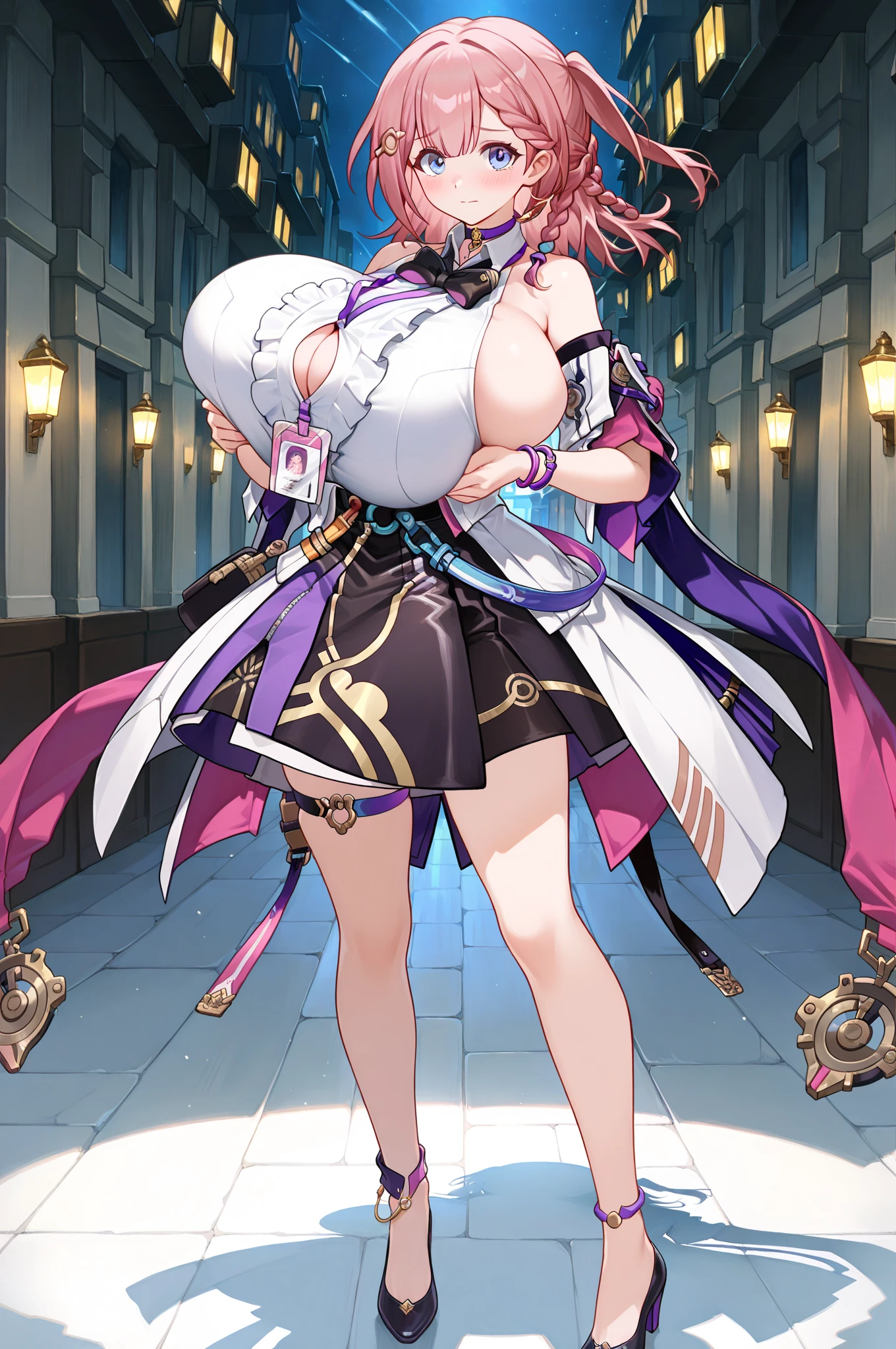 (tmasterpiece:1.2),Best quality at best,perfect anatomia,The is very detailed,1girll,Solo, A high resolution,absurderes,tmasterpiece,looking at viewert,Character Spotlight,A pink-haired,Golden eyes,short skirt,singers,Stage,Above is the starry sky,Hold the microphone,sing,Huge led screen,Happy expression