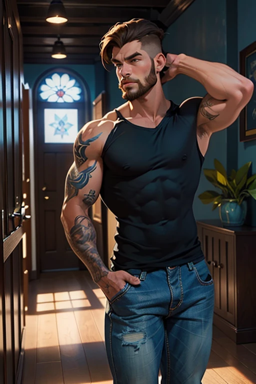 Homem de 20 anos, playboy , lindo, com tatuagens, musculoso, de camisa preta e com roupas de festa