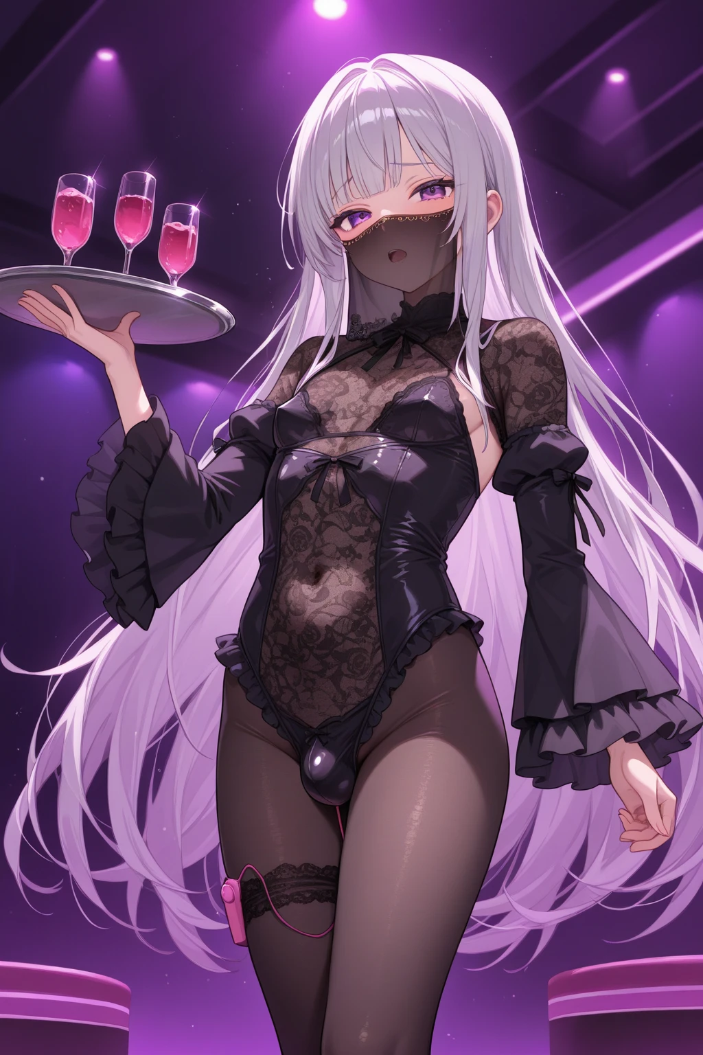 ((32k)), ((best quality)), ((ultra high res)), ((HDR)), ((UHD)), ((extremely detailed CG)), ((unity 32k wallpaper)), 1girl, solo, long hair, looking at viewer, blue eyes, large breasts, simple background, white background, bow, animal ears, cleavage, standing, tail, full body, purple hair, ahoge, pantyhose, bowtie, rabbit ears, high heels, leotard, wrist cuffs, detached collar, fake animal ears, playboy bunny, tray, 