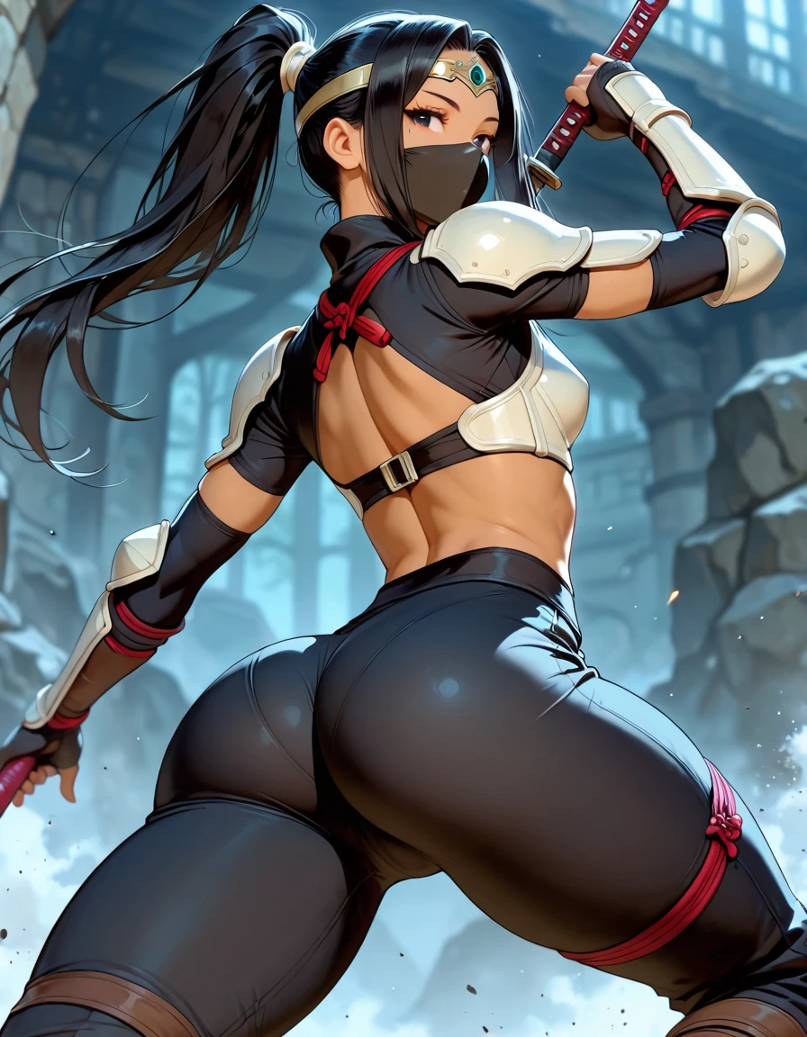 Black hair girl with a ponytail, standing looking at the ground with an air of superiority. muscular girl, naughty smile. thick-thighs. detailded, beautiful face, blue colored eyes. She has a small breasts. crotch focus. ninja outfit. focus on the ass. big-ass
