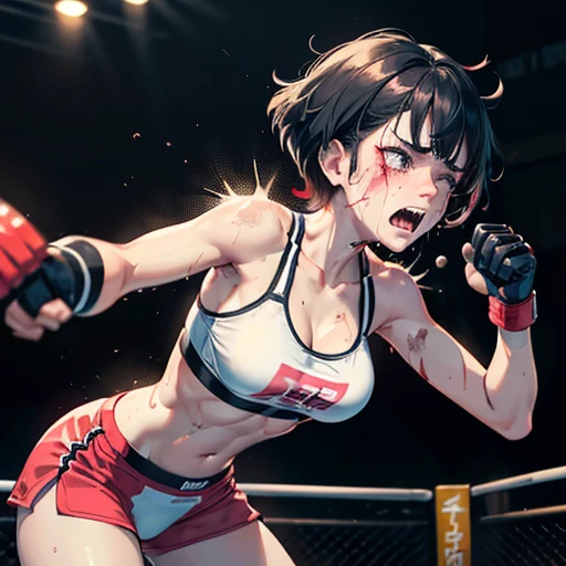 Drenched in sweat and covered in bruises, she is being beaten by a female fighter in a mixed martial arts ring. Her body is pressed against the ring's wire mesh. One eye closed and mouth open, she is gasping for breath and drooling. She is a cute Japanese high school girl with short-cut black hair. She is wearing a sports bra, high-leg shorts, and open-finger gloves. Small breasts, poor belly, slender body, poor body.