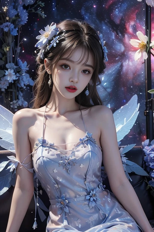  ((Large breasts)),Bare shoulders, short hemlines, 4k ultra hd, masterpiece, a girl, good face, detailed eyes, detailed lips, flower fairy girl, neon lights, (galaxy background:1.5), in the heaven, sitting on the unicon