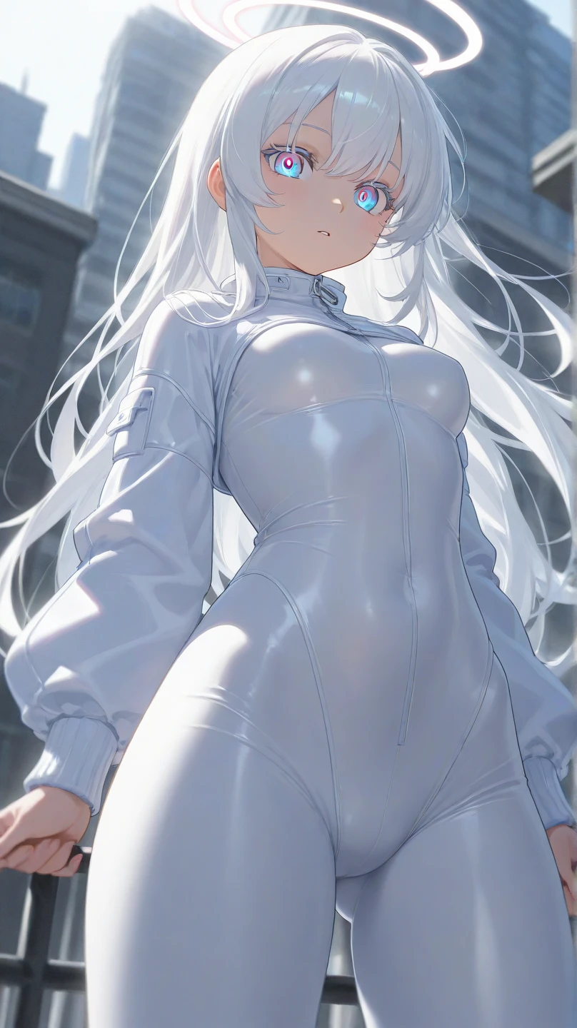 a girl,portrait,Off the shoulder dress,perfect and very thin girl, Wearing an extremely tight white latex suit, Buda Redonda, long white hair, cyberpunk style, hyper-realistic, many details, Perfect image, 8k,Smile