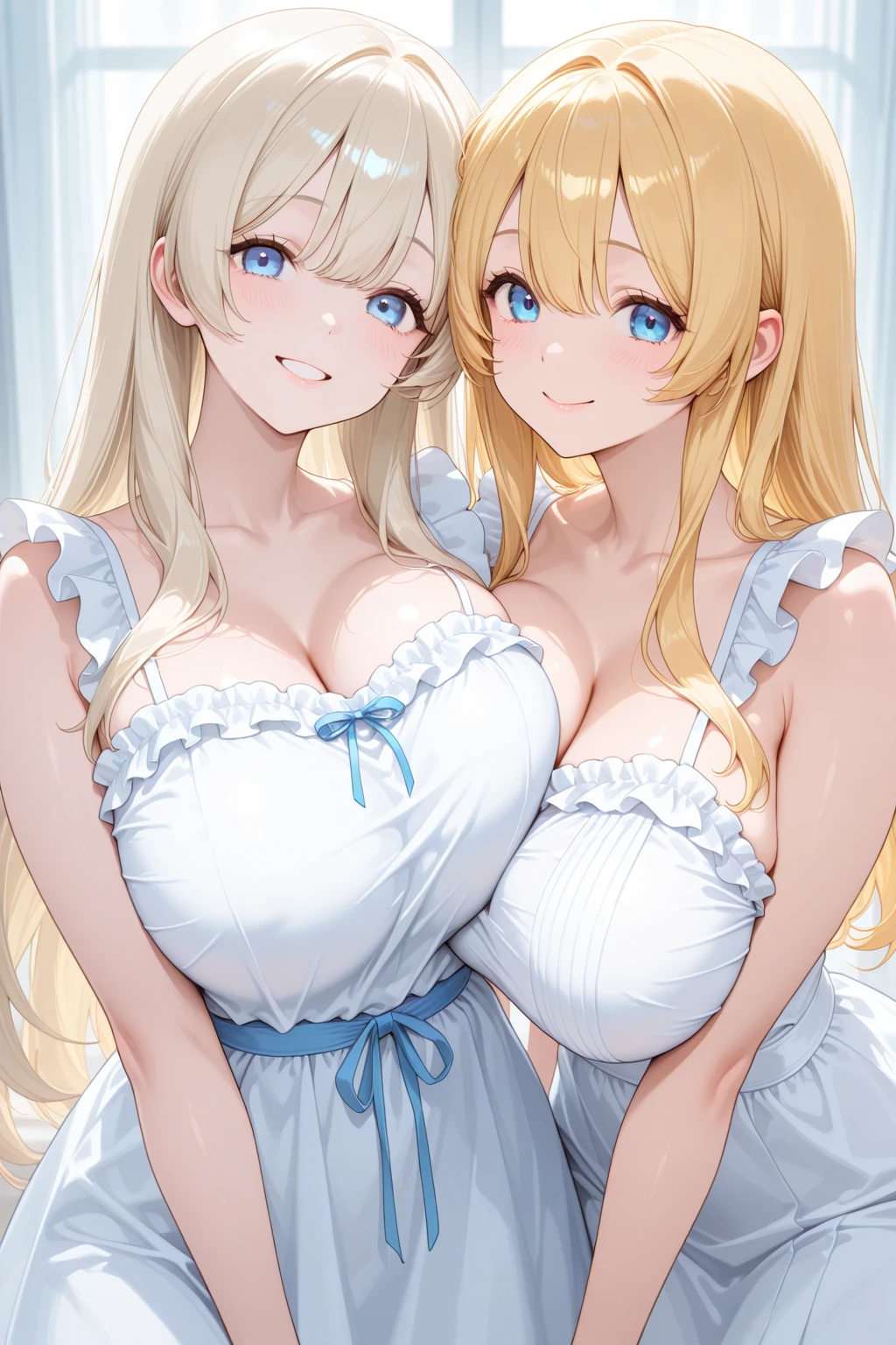 (((Masterpiece))), top quality, super detailed, blush, 2 girls (blonde), 2girls, kiss, kiss, cute and playful, pure white, silver hair (white skin, twin tails), tearing breasts, transparent, fluffy hairstyle, elastic breasts, (((big breasts)).