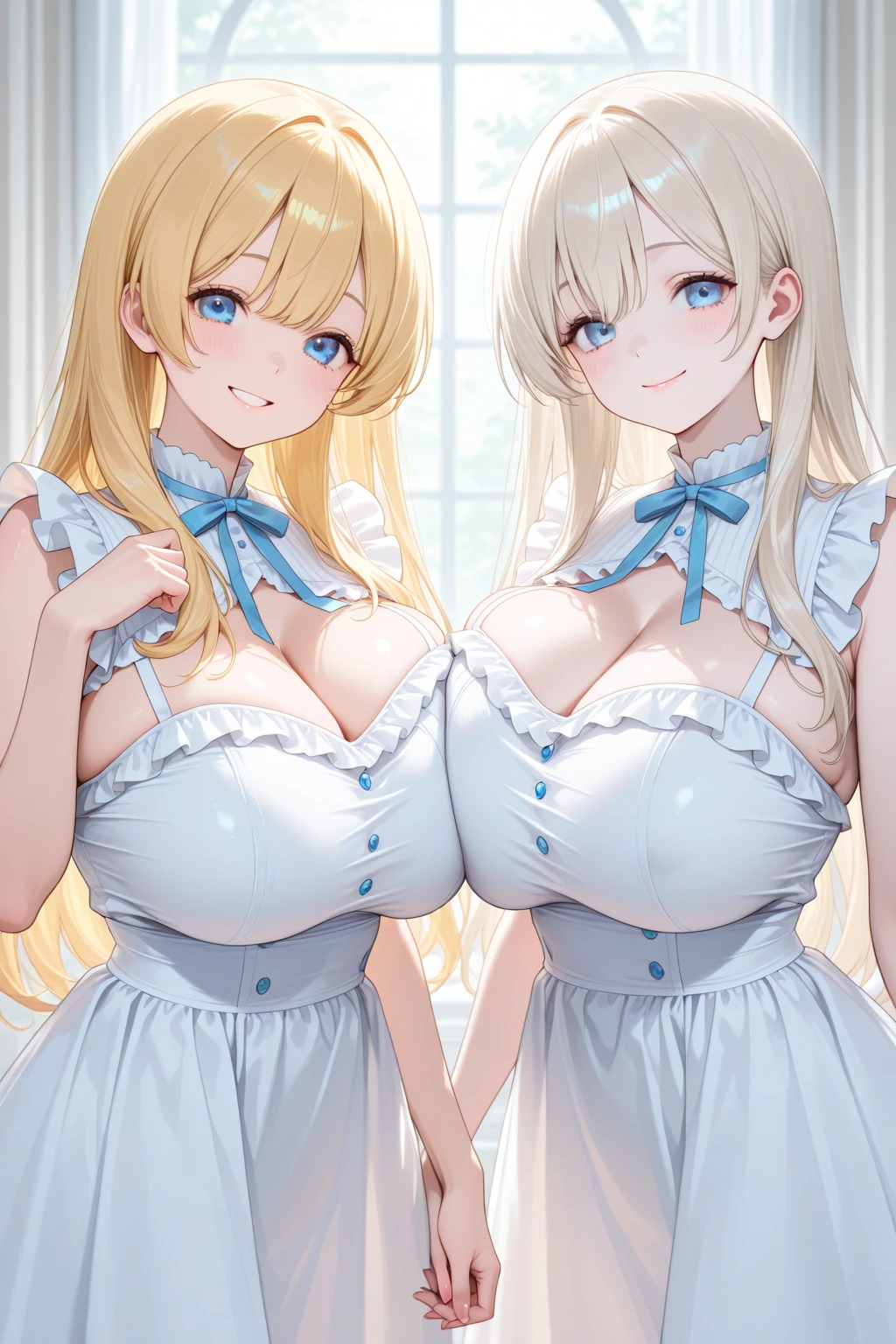 4K,High resolution, (Highly detailed CG,8K,wallpaper)、Two Girls,(Clean detailed eyes),((dress,Side view of face)),(((Put out the nipple)))),((NSFW)),(Huge breasts),(Huge breasts),(Huge breasts),(Huge breasts),(((Huge breasts))),(Beautiful and shapely breasts),Light-colored hair、Cute hairstyle,hair ornaments、Flower Field