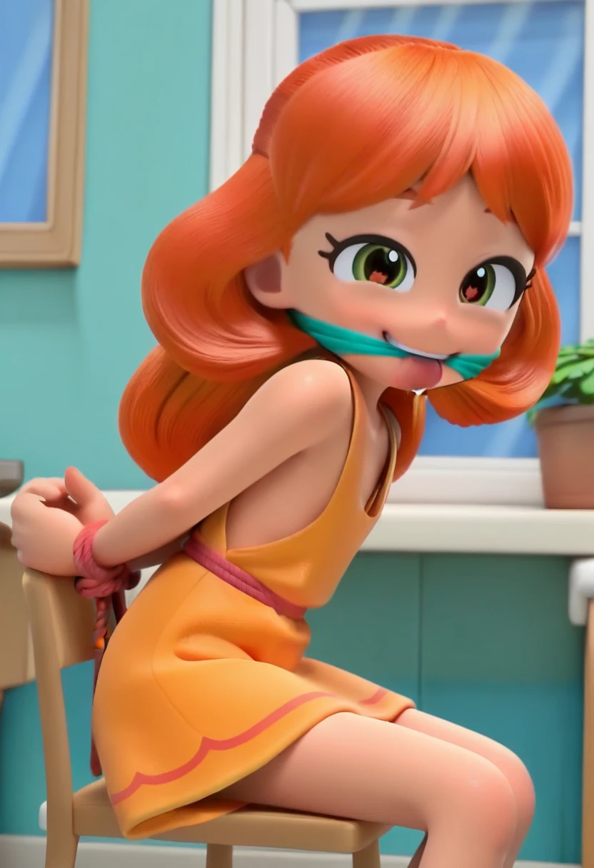 anatomically correct, masterpiece, best high quality, RAW Photo, perfect anatomy, 4k, quality lighting, detailed hands, detailed feet, detailed eyes, solo, female character, green dress, mini skirt, green hair, green skin, medium thighs, medium hips, medium breasts, bedroom, sit on a chair, barefoot, full body view, tied ankles together, tied arms, disgust face, tape gagged 
